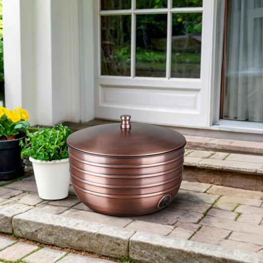 Monarch Abode Garden Hose Holder with Lid – Decorative Water Hose Holders for Outside, Border Embossed Metal Patina Pot with Drainage, 100ft Waterhose Holder for Outside, Garden Storage Caddy