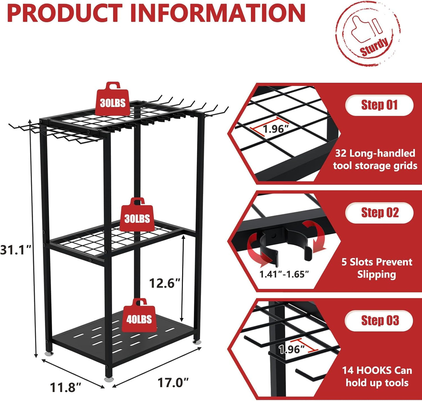 Faesun Garden Tool Organizer, 3-Tier Metal Yard Tool Rack with 14 Hooks & 5 Slots, Holds 50+ Rakes/Shovels/Brooms, Heavy Duty Freestanding Lawn Tool Storage for Garage Shed Outdoor Organization