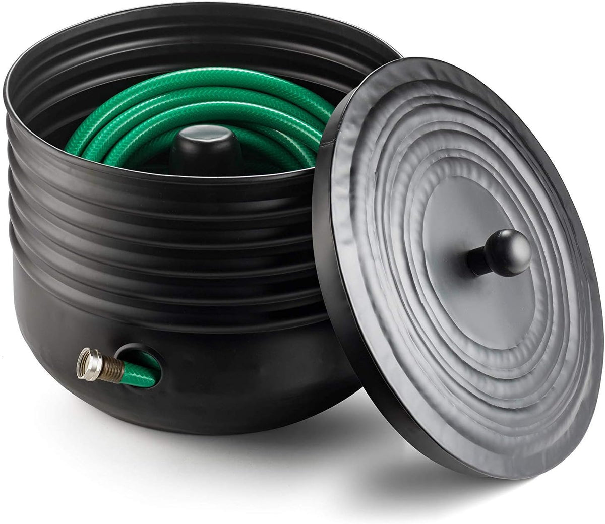 Ribbed Steel Garden Hose Pot Holder with Lid Black 16 x 12 Inches | Hose for Outside|Hose Pot Container (Magnetic Steel, Black)