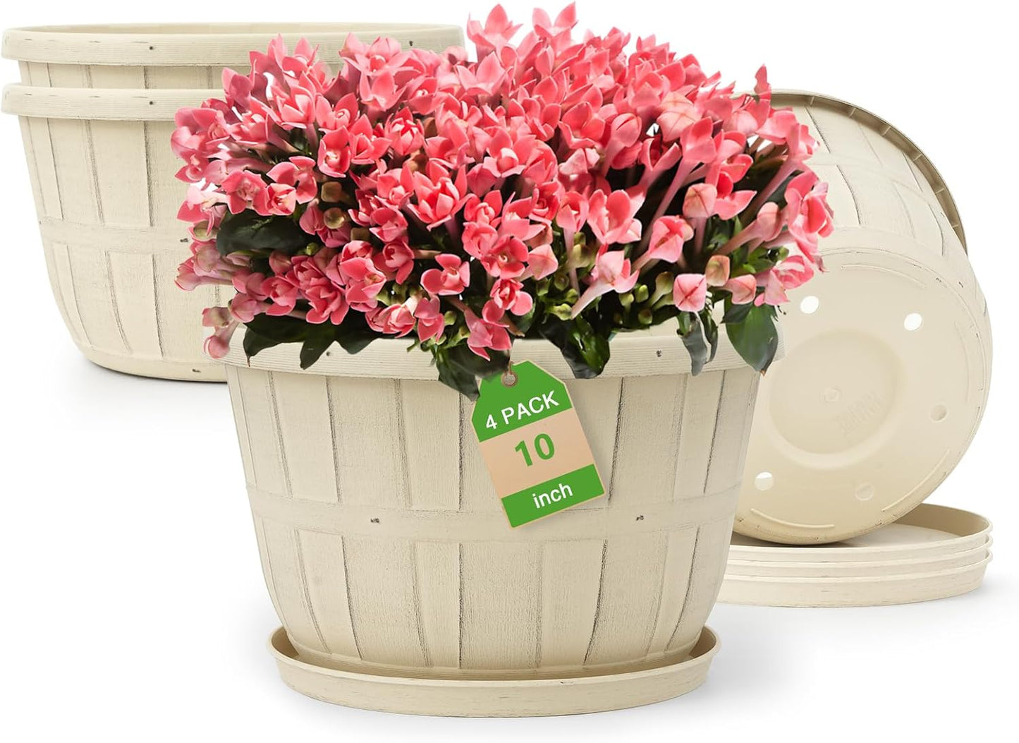 Quarut 14 Inch Plastic-Flower-Pot-for-Indoor-Plants, 4 Pack Large Outdoor Planter Pot with Drainage Holes & Saucers, Resin Decorative Garden Pots Planters（Brown）