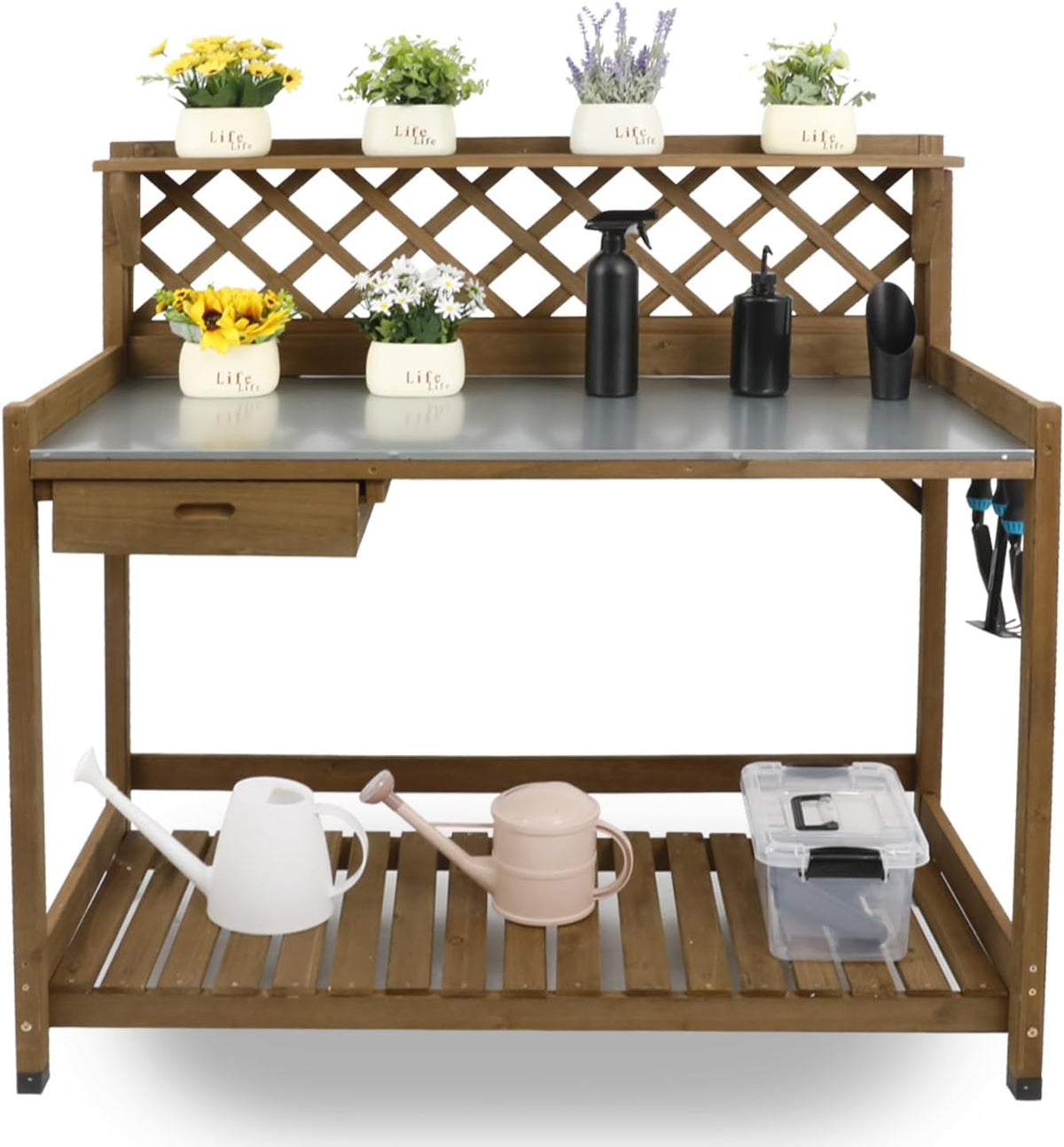 PetsCosset Folding Garden Potting Bench Table，Outdoor Wooden Work Station W/Metal Table Top,2 Tier Open Storage Rack,Top Shelf-Natural Stained