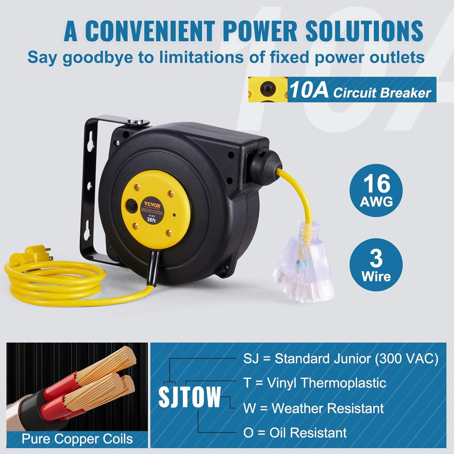 65FT Retractable Extension Cord Reel, Heavy Duty 12AWG/3C SJTOW Cord