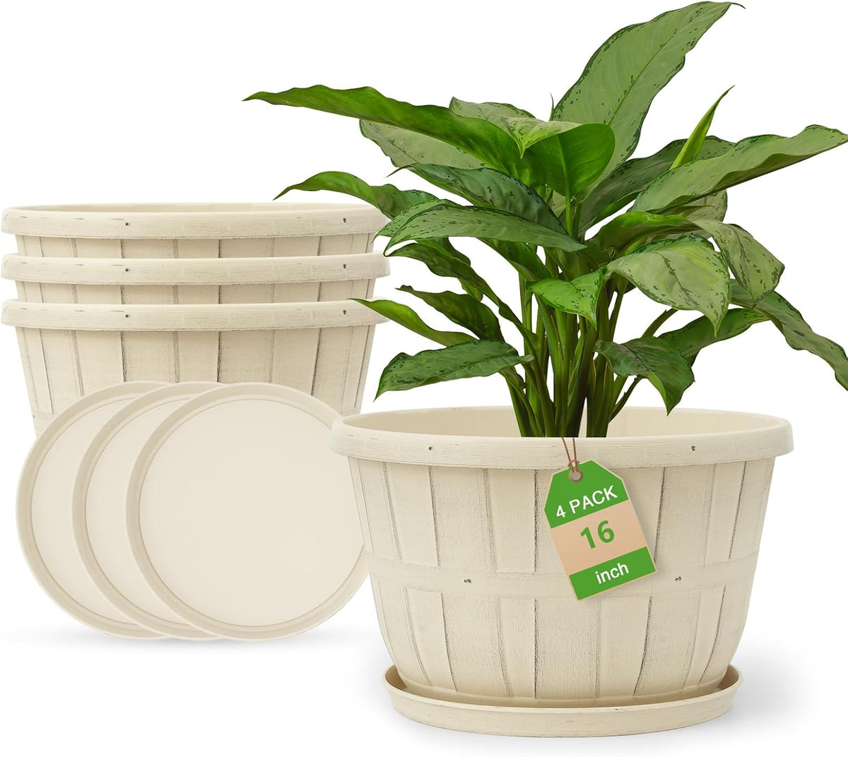 Quarut 14 Inch Plastic-Flower-Pot-for-Indoor-Plants, 4 Pack Large Outdoor Planter Pot with Drainage Holes & Saucers, Resin Decorative Garden Pots Planters（Brown）