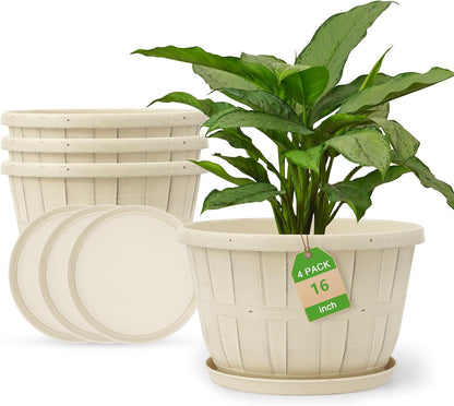 Quarut 14 Inch Plastic-Flower-Pot-for-Indoor-Plants, 4 Pack Large Outdoor Planter Pot with Drainage Holes & Saucers, Resin Decorative Garden Pots Planters（Brown）