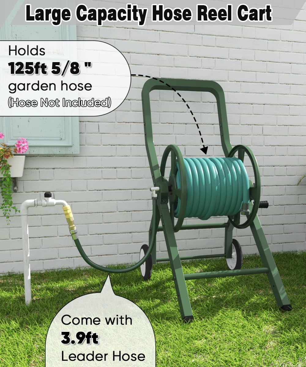 Artigarden Garden Hose Reel Cart with Wheels, Outdoor Heavy Duty Powder-coated Steel Water Storage Winder Holder, Holds 125 ft of 5/8’’ Hose with 3.9 Ft Leader Hose for Outside Lawn Yard, Black
