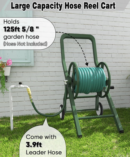 Artigarden Garden Hose Reel Cart with Wheels, Outdoor Heavy Duty Powder-coated Steel Water Storage Winder Holder, Holds 125 ft of 5/8’’ Hose with 3.9 Ft Leader Hose for Outside Lawn Yard, Black