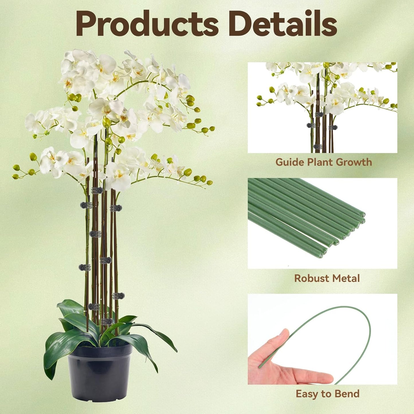 JJUNW 10 Pcs Plant Stakes for Indoor Plants, Plants Support Stakes with 15 Pcs Plant Clips, 15.75 Inch Orchid Clips for Garden Supporting Stems Vines Stalks Grow Upright Flowers Gardening