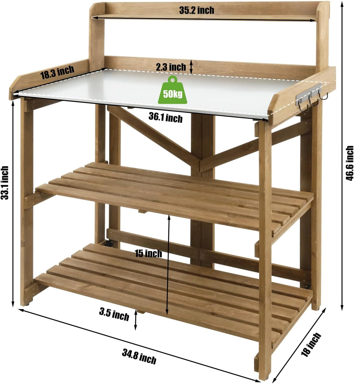 PetsCosset Folding Garden Potting Bench Table，Outdoor Wooden Work Station W/Metal Table Top,2 Tier Open Storage Rack,Top Shelf-Natural Stained