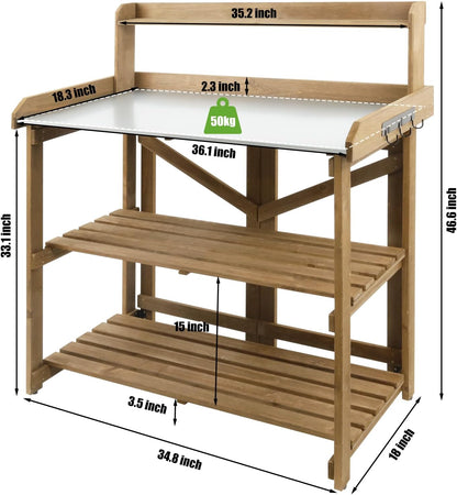 PetsCosset Folding Garden Potting Bench Table，Outdoor Wooden Work Station W/Metal Table Top,2 Tier Open Storage Rack,Top Shelf-Natural Stained