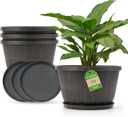 Quarut 14 Inch Plastic-Flower-Pot-for-Indoor-Plants, 4 Pack Large Outdoor Planter Pot with Drainage Holes & Saucers, Resin Decorative Garden Pots Planters（Brown）