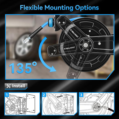 Relhost Retractable Air Hose Reel, 50 ft x 3/8 in Hybrid Air Hose Max 300PSI, Heavy Duty Air Compressor Hose Reel with Auto Rewind, Ceiling/Wall Mount for Garage, Workshop, Home Studio