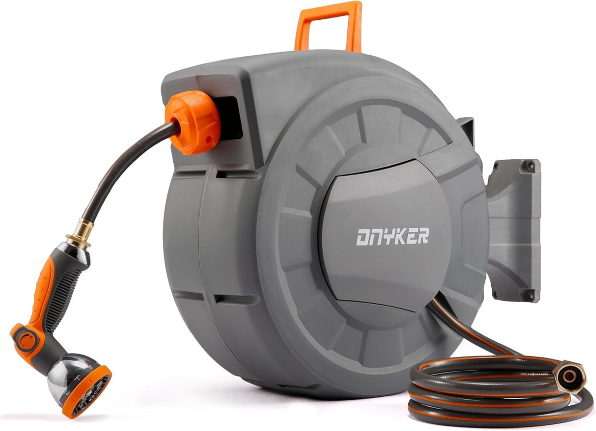 Retractable Garden Hose Reel, 1/2 inch x 100 ft Water Hose Reel Wall Mounted, Any Length Lock, Slow Auto-Rewind, 180°Swivel Bracket & 10 Pattern Nozzle