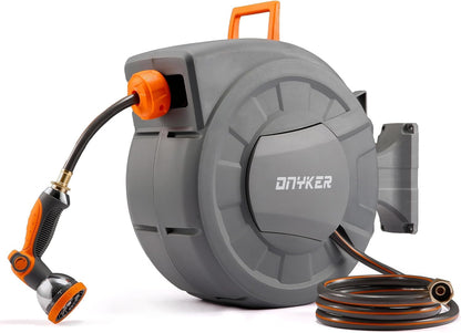 Retractable Garden Hose Reel, 1/2 inch x 100 ft Water Hose Reel Wall Mounted, Any Length Lock, Slow Auto-Rewind, 180°Swivel Bracket & 10 Pattern Nozzle