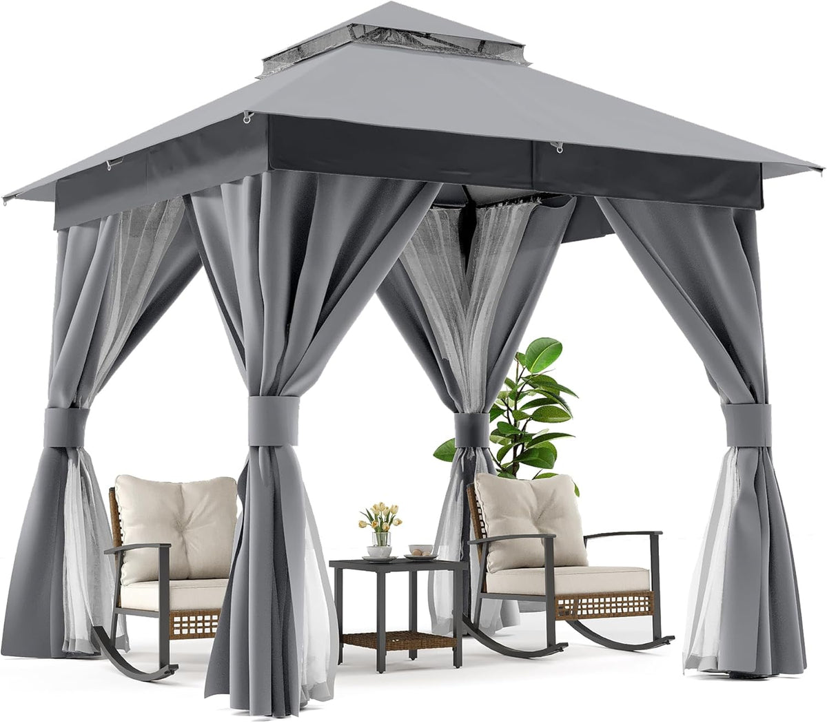 10x20 Gazebo Canopy with 100FT String Lights, Metal Heavy Duty Patio Canopy Tent with Double Roofs, Mosquito Nettings and Privacy Screens for Backyard, Garden, Lawn, Gray