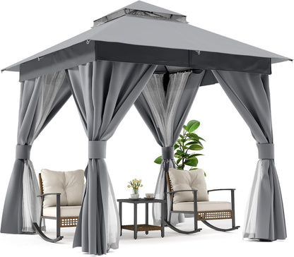 10x20 Gazebo Canopy with 100FT String Lights, Metal Heavy Duty Patio Canopy Tent with Double Roofs, Mosquito Nettings and Privacy Screens for Backyard, Garden, Lawn, Gray