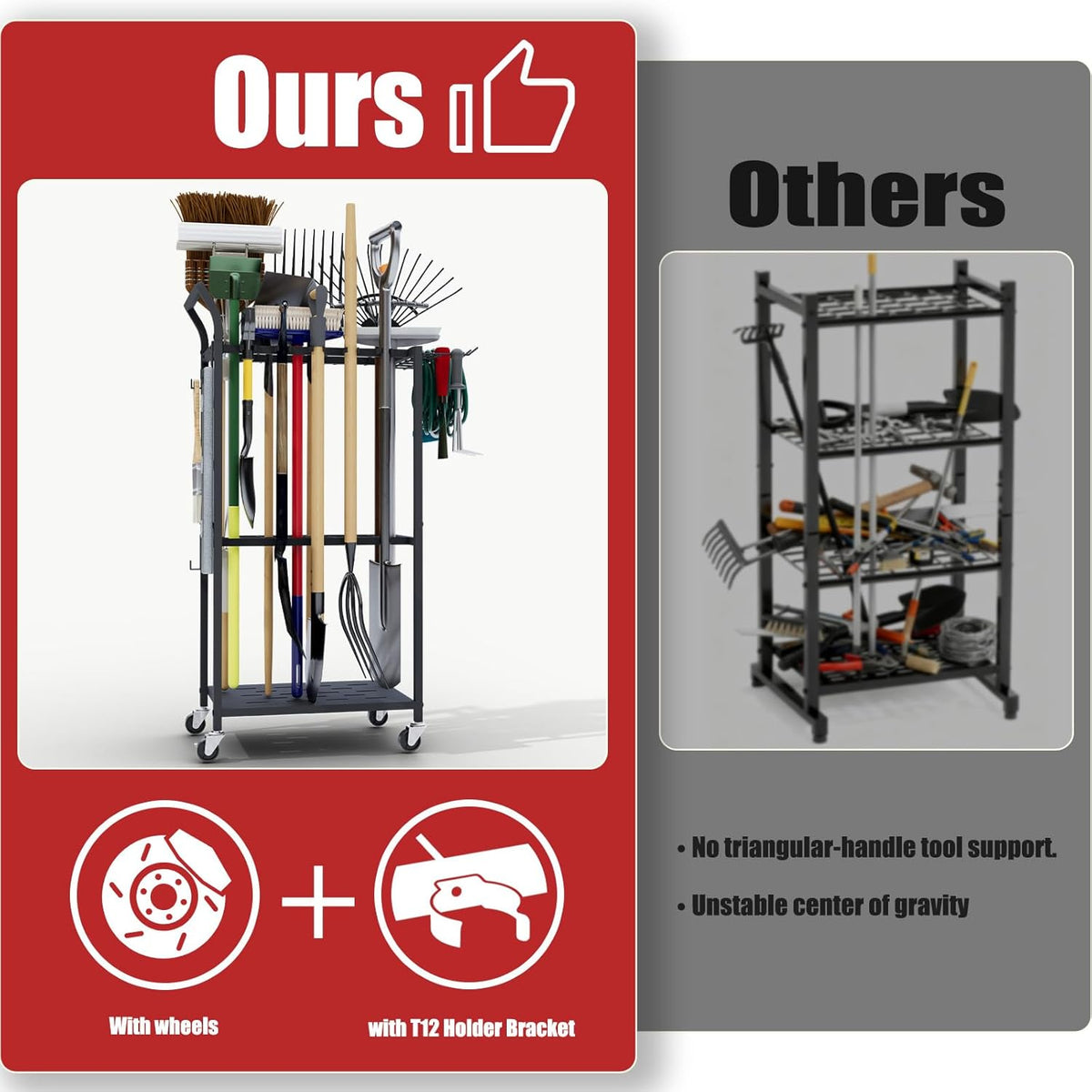 Faesun Garden Tool Organizer, 3-Tier Metal Yard Tool Rack with 14 Hooks & 5 Slots, Holds 50+ Rakes/Shovels/Brooms, Heavy Duty Freestanding Lawn Tool Storage for Garage Shed Outdoor Organization