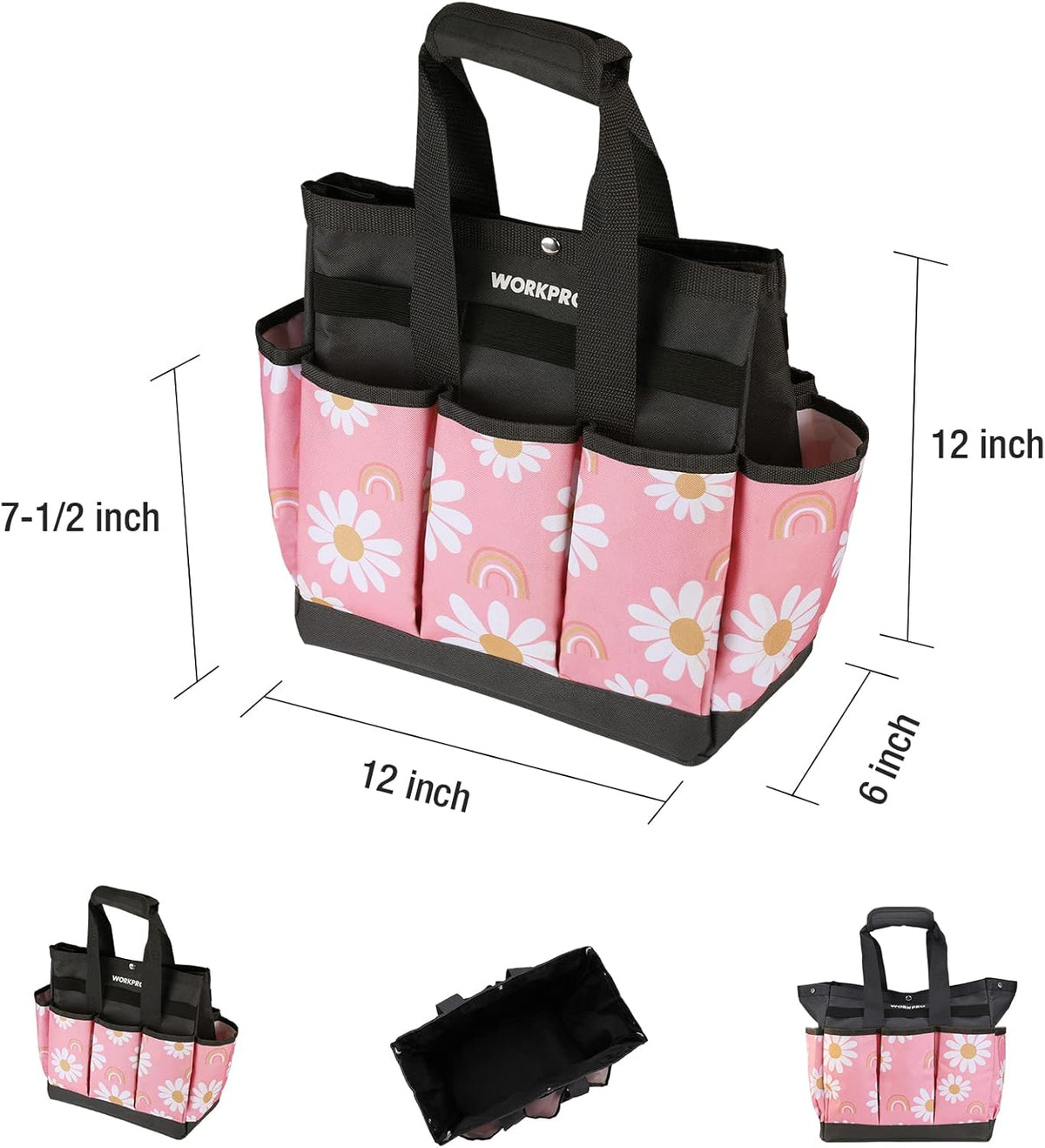 WORKPRO Garden Tool Bag, 9 Pockets Gardening Bag, Heavy Duty Oxford Garden Tote Caddy (Tools NOT Included), 12" x 12" x 6" (Floral White)