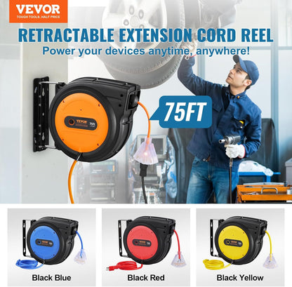 65FT Retractable Extension Cord Reel, Heavy Duty 12AWG/3C SJTOW Cord
