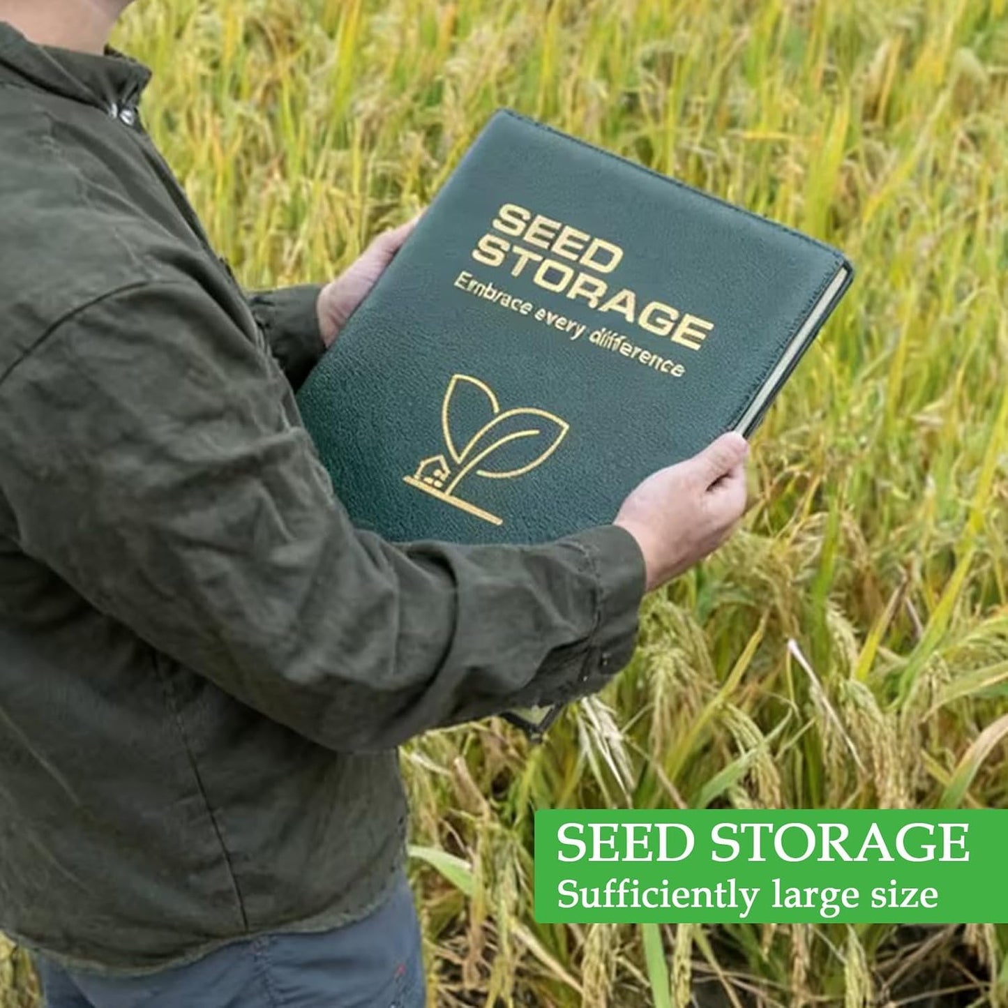 MUQING Seed Storage Organizer Binder, Holds 200 Seed Packets with Flip-Top Lid Sleeves, 50 Pages + 12 Monthly Cards + 4-Season Color-Coded Dividers, Faux Leather Seed Keeper Book for Gardeners (Green)