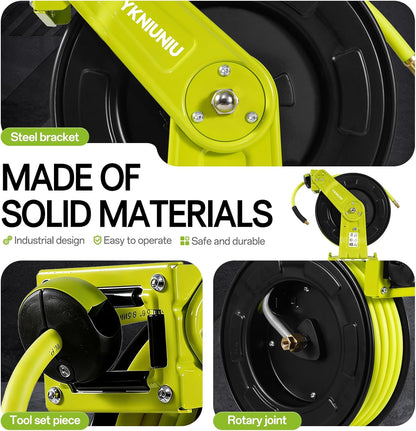 Retractable Garden Hose Reel, 50 FT Hi-Vis Neon Green Hybrid Hose, 300 PSI Heavy Duty Steel Reel, Auto Rewind, Wall Mount, for Lawn & Yard Gardening, 1/4" NPT
