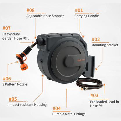 Giraffe 2 Way Hose Splitter with Garden Hose Reel Retractable 1/2" 78ft Heavy Duty Heavy Duty 9 Pattern Hose Nozzle Any Length Lock