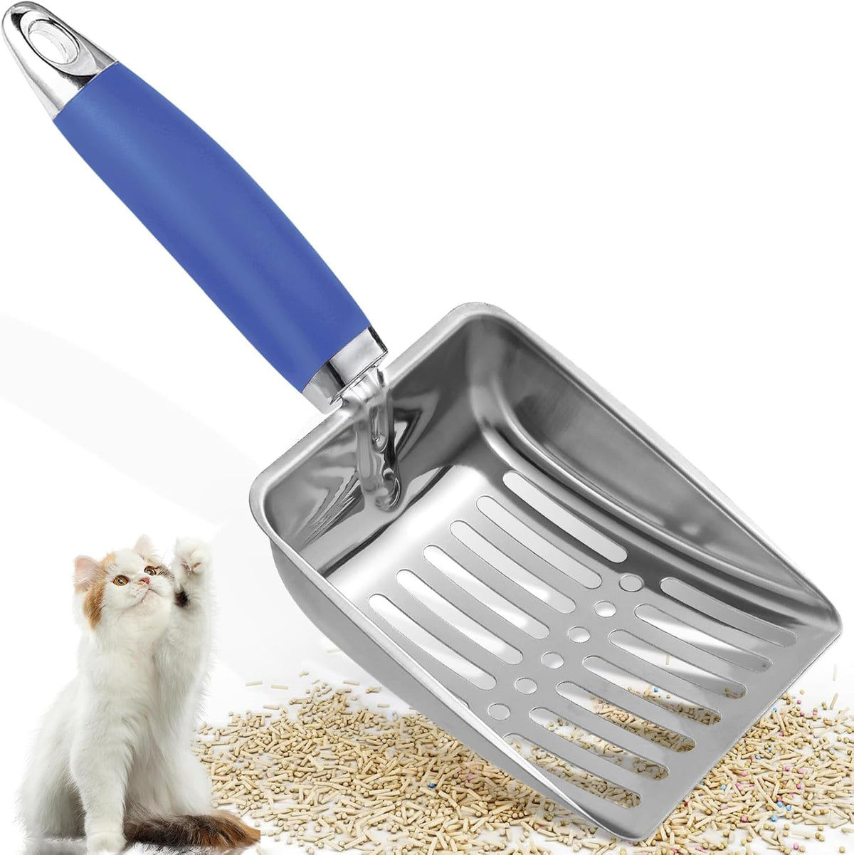 Cat Litter Scoop - Long Handle Scooper, Rustproof Stainless Steel Mesh, Non-Slip Grip, Deep Shovel Sifter for All Litter Types, Easy Clean Kitty Waste Litter for Litter Box(Black)