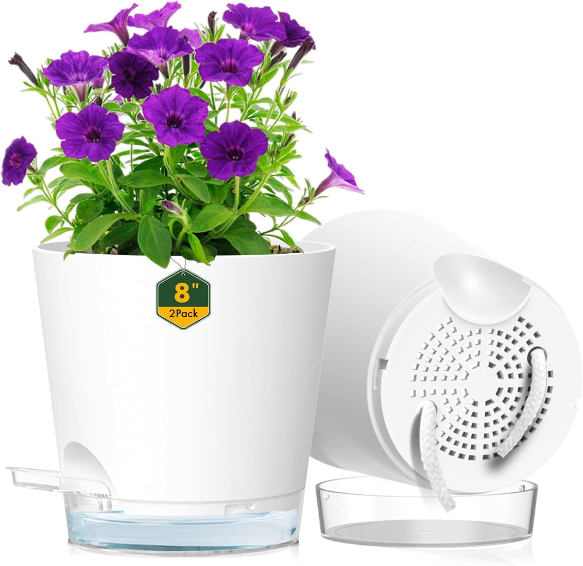 Meowell Self Watering Pots Pack of 6 – Different Size 4" to 7" Indoor Plant Pots with Drainage Holes and Clear Reservoir for Visible Water Level, Plastic Wicking Planters for House Plants, White