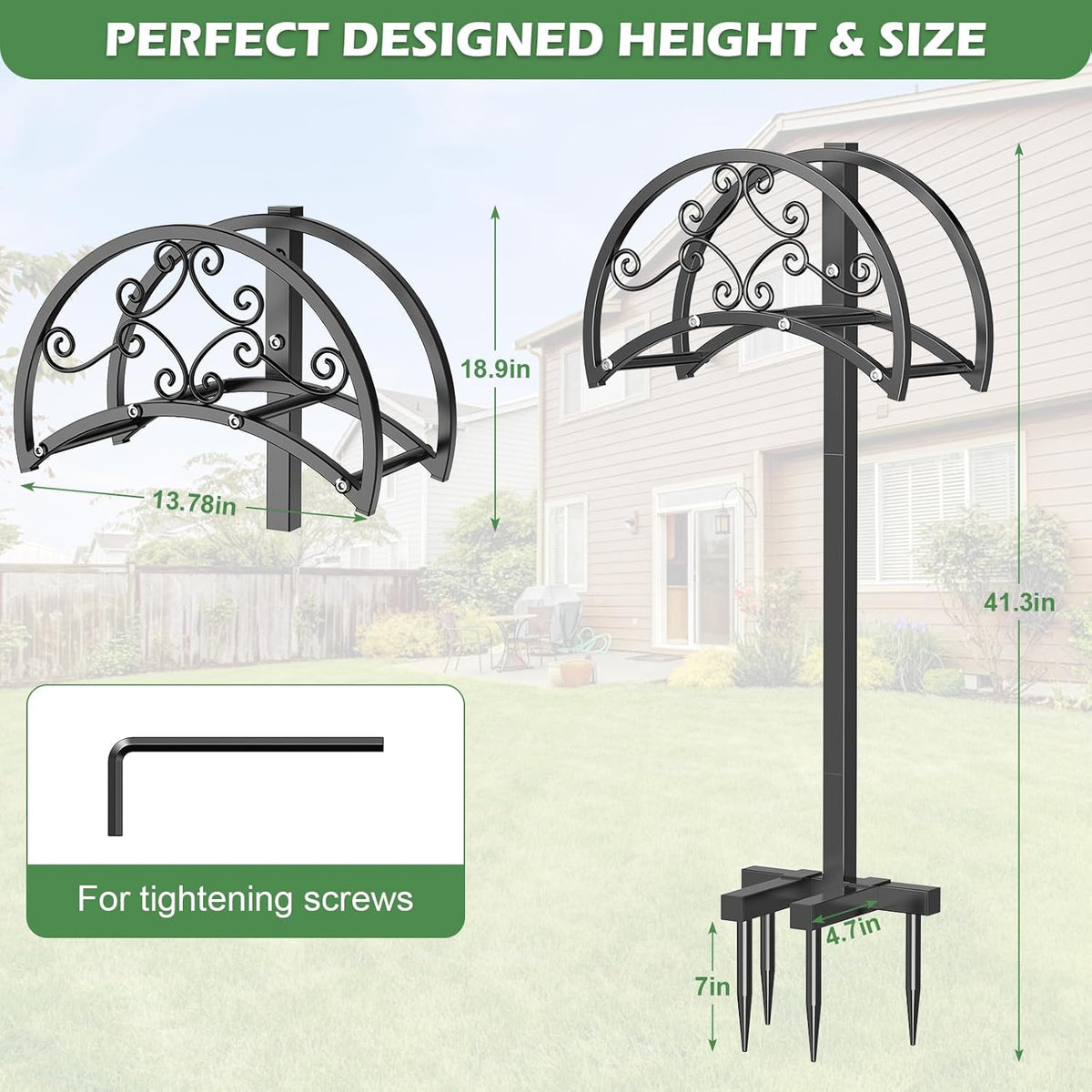 OLV Hose Holder Holds 150-ft Water Pipe, Outdoor Freestanding Heavy Duty Water Hose Holder Reel with 4 Spikes, Detachable Metal Hose Storage Stand Hanger Rack for Outside Yard Lawn Farm, Black