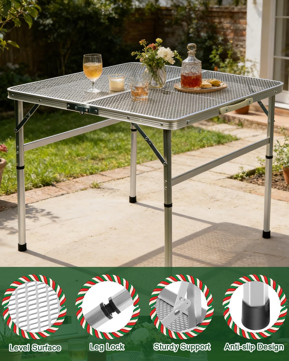 2Ft Small Folding Table with Carry Handle, Camping Table Adjustable Height 10.6–22 in, Black Metal Mesh, Portable & Compact for Outdoor/Indoor,Grill Table, 23.6×15.8 in, 4 lb, 66 lb Capacity
