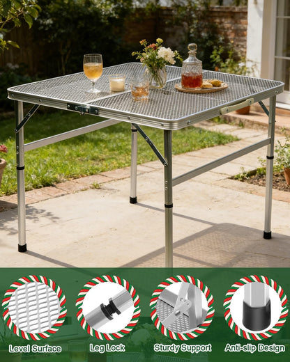 2Ft Small Folding Table with Carry Handle, Camping Table Adjustable Height 10.6–22 in, Black Metal Mesh, Portable & Compact for Outdoor/Indoor,Grill Table, 23.6×15.8 in, 4 lb, 66 lb Capacity