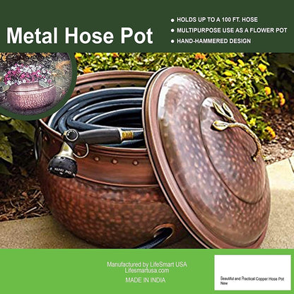 Decorative Garden Hose Pot Holder and Lid 16x16x12 | Hose Container Pot Outdoor or Indoor Use | Expandable Water Hose Storage | Holds Up to 100 ft Hose - Handmade