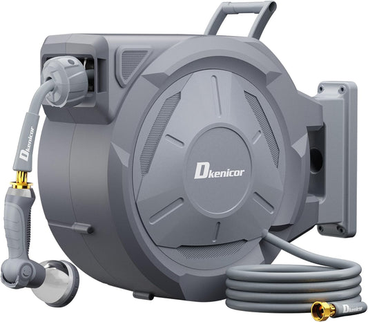 5/8" × 110 ft Retractable Hose Reel, Heavy Duty Retractable Garden Hose Reel Wall Mounted with 10-Pattern Hose Nozzle/Any Length Lock/Slow Return System/180°Swivel Bracket