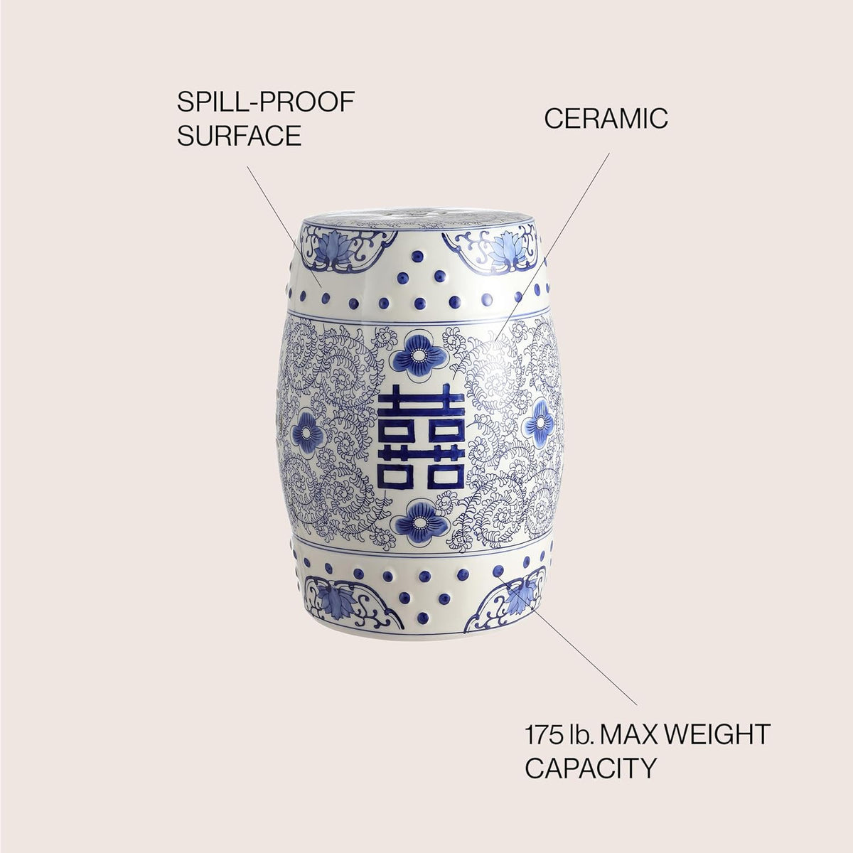 JONATHAN Y Double Happiness 18" Ceramic Garden Stool, Traditional Chinoiserie Dusty Teal and White Indoor/Outdoor Patio Drum Accent Side Table and Plant Stand TBL1013C