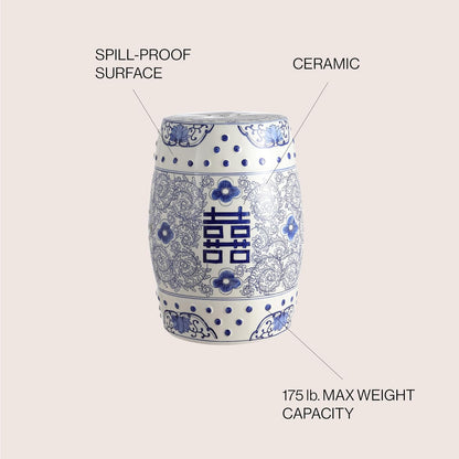JONATHAN Y Double Happiness 18" Ceramic Garden Stool, Traditional Chinoiserie Dusty Teal and White Indoor/Outdoor Patio Drum Accent Side Table and Plant Stand TBL1013C