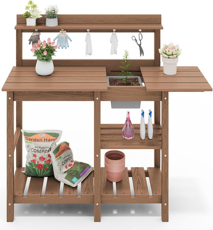 SERWALL Outdoor Potting Bench with Removeable Sink,Rot-Resistant HDPE Potting Table for Outside Gardening, All Weather Use - Gray