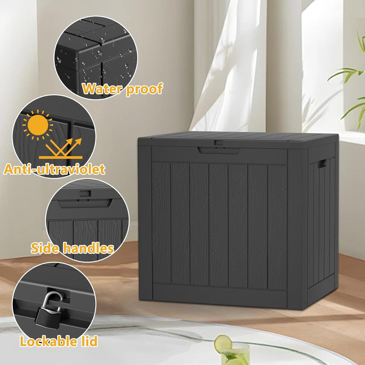 30 Gallon Outdoor Deck Box, Lockable Waterproof Outdoor Storage Boxes For Garden Tools,Indoor Cushions,Accessories Outside Storage Resin Weatherproof Container(Black)