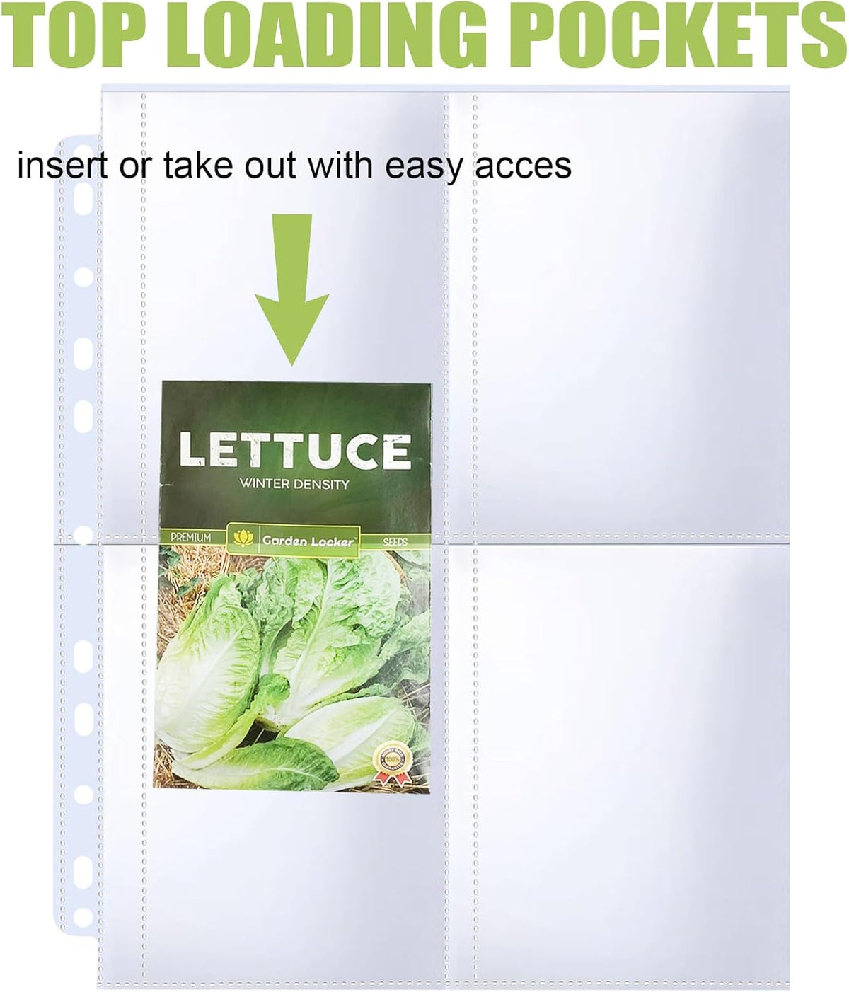 MUQING Seed Storage Organizer Binder, Holds 200 Seed Packets with Flip-Top Lid Sleeves, 50 Pages + 12 Monthly Cards + 4-Season Color-Coded Dividers, Faux Leather Seed Keeper Book for Gardeners (Green)