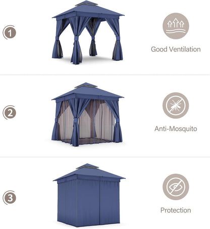 10x20 Gazebo Canopy with 100FT String Lights, Metal Heavy Duty Patio Canopy Tent with Double Roofs, Mosquito Nettings and Privacy Screens for Backyard, Garden, Lawn, Gray
