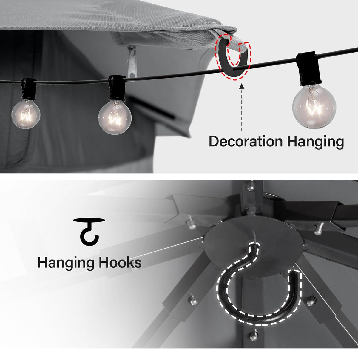10x20 Gazebo Canopy with 100FT String Lights, Metal Heavy Duty Patio Canopy Tent with Double Roofs, Mosquito Nettings and Privacy Screens for Backyard, Garden, Lawn, Gray