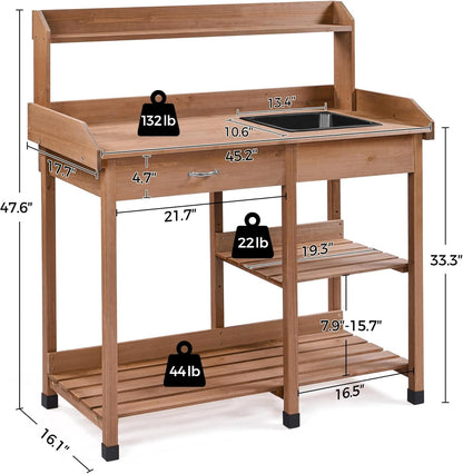 Yaheetech Potting Bench Outdoor Garden Work Bench Station Planting Solid Wood Construction for Horticulture w/Sink Drawer Rack Shelves Natural Wood