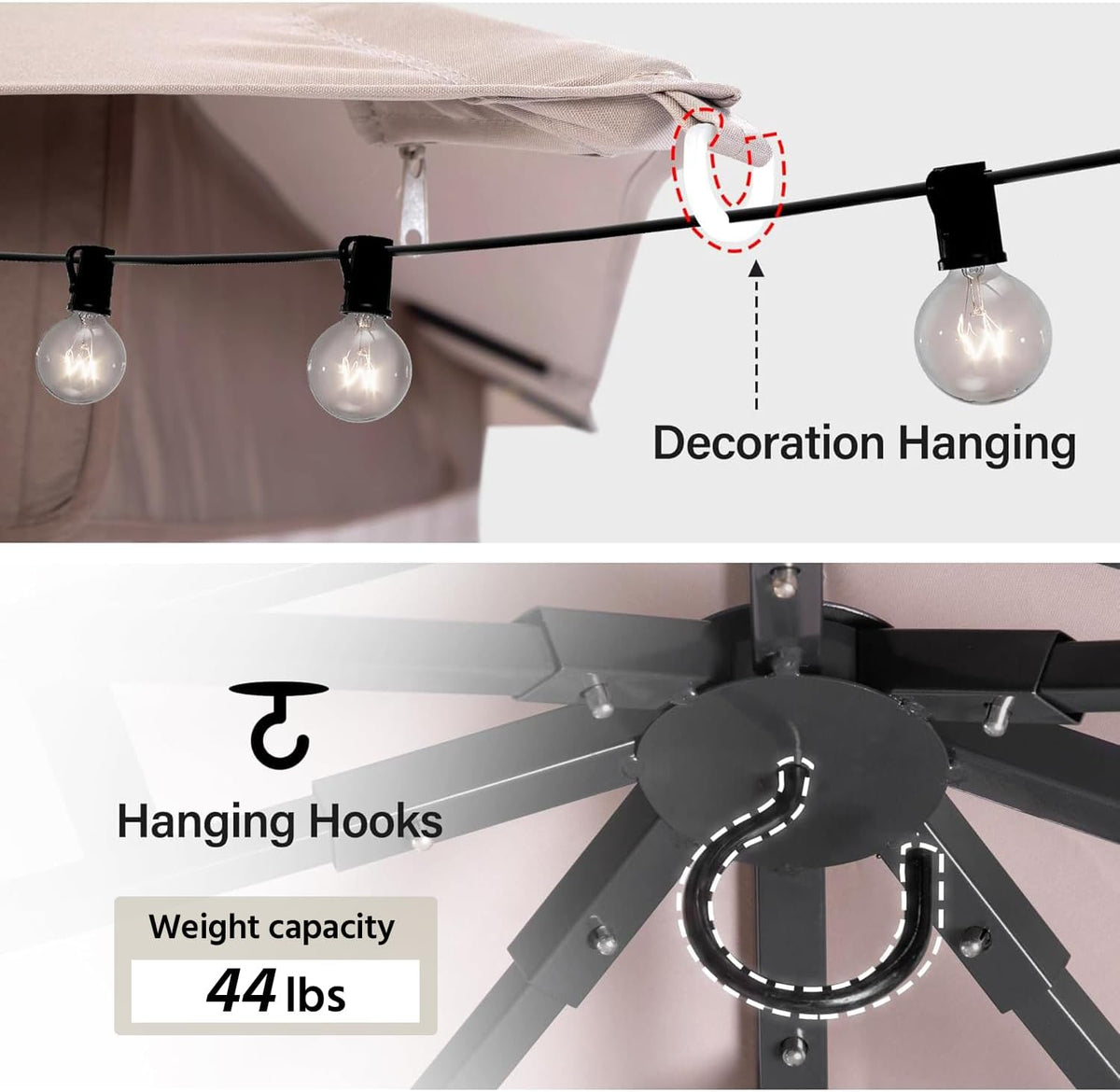 10x20 Gazebo Canopy with 100FT String Lights, Metal Heavy Duty Patio Canopy Tent with Double Roofs, Mosquito Nettings and Privacy Screens for Backyard, Garden, Lawn, Gray