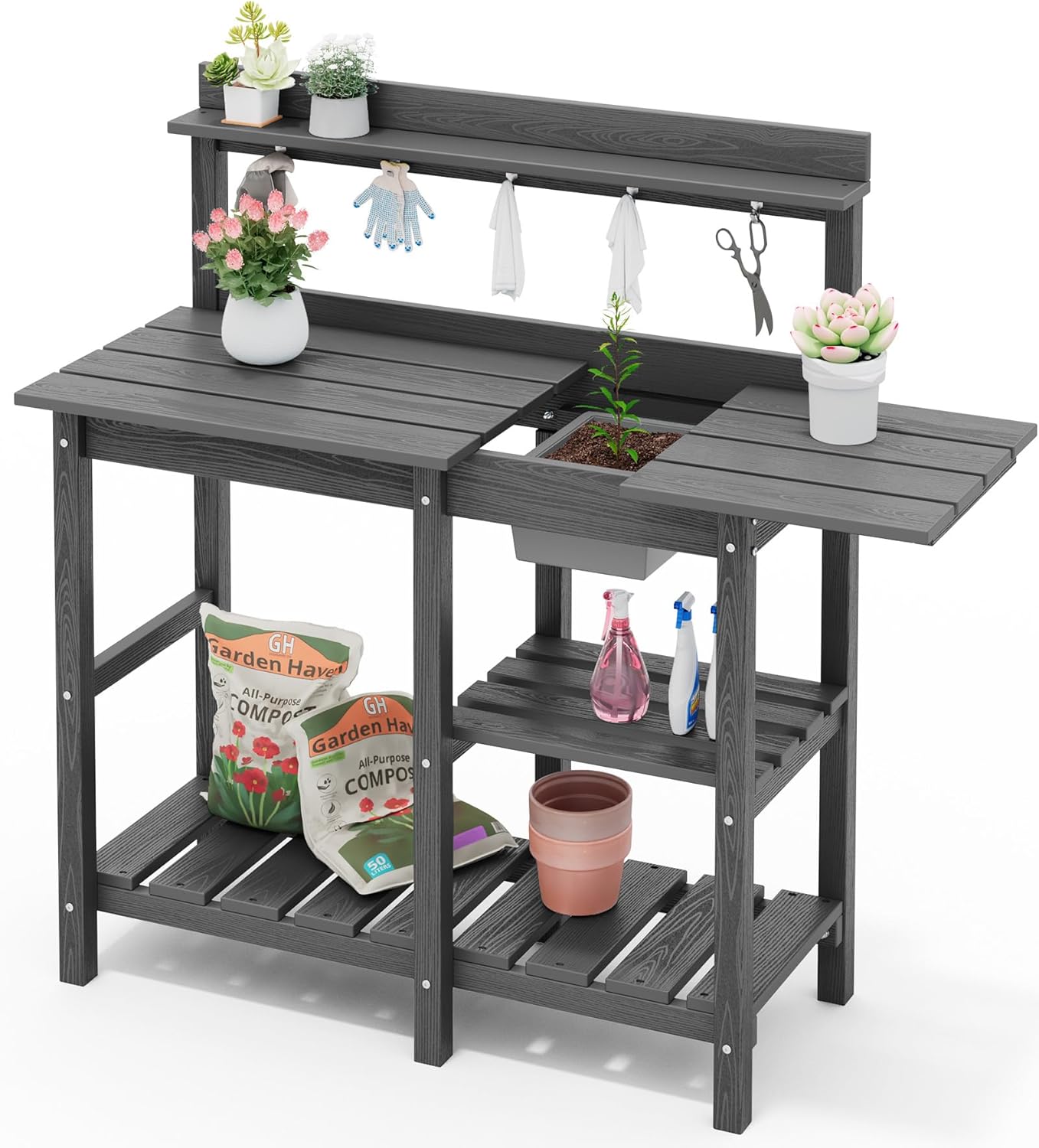SERWALL Outdoor Potting Bench with Removeable Sink,Rot-Resistant HDPE Potting Table for Outside Gardening, All Weather Use - Gray