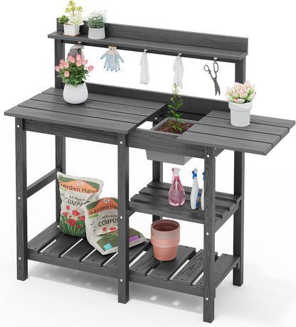 SERWALL Outdoor Potting Bench with Removeable Sink,Rot-Resistant HDPE Potting Table for Outside Gardening, All Weather Use - Gray