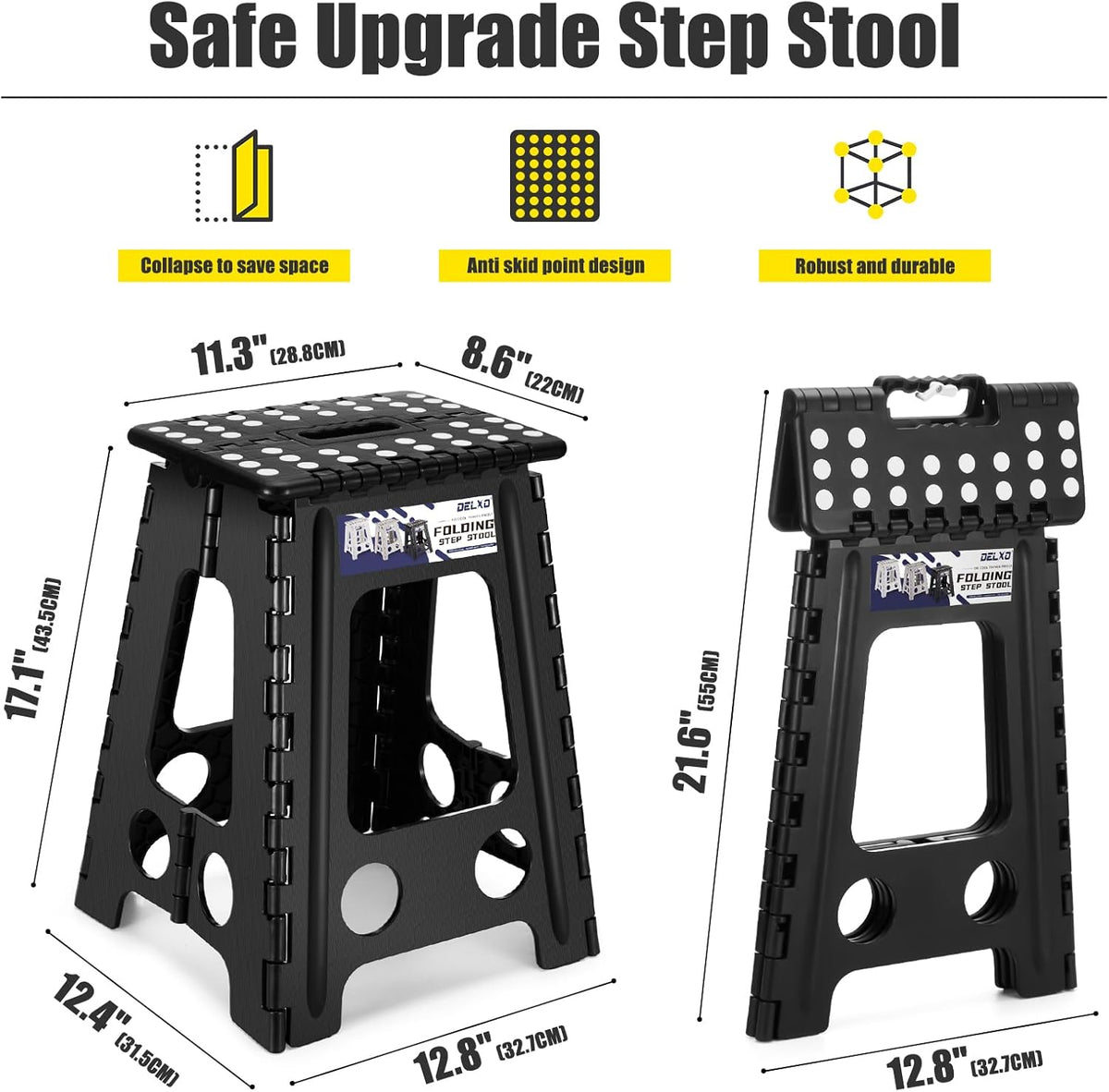 Folding Step Stool 13 Inch,300 Lbs Step Stool for Adults Black