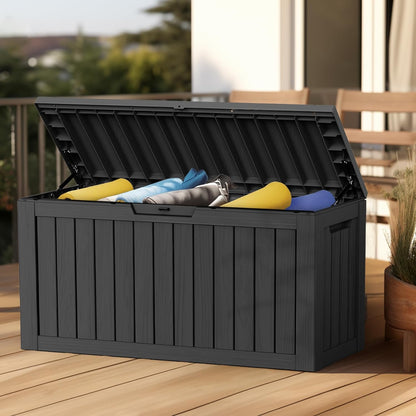 30 Gallon Outdoor Deck Box, Lockable Waterproof Outdoor Storage Boxes For Garden Tools,Indoor Cushions,Accessories Outside Storage Resin Weatherproof Container(Black)