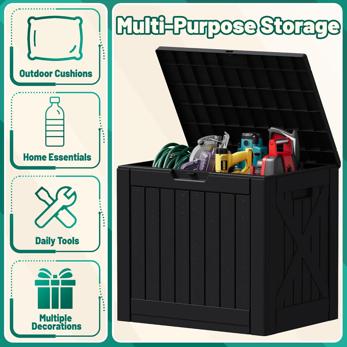 30 Gallon Resin Deck Box Waterproof Outdoor Storage Box for Patio Furniture Pool Accessories Indoor Storage for Cushion Garden Tools (30 Gallon, Black)