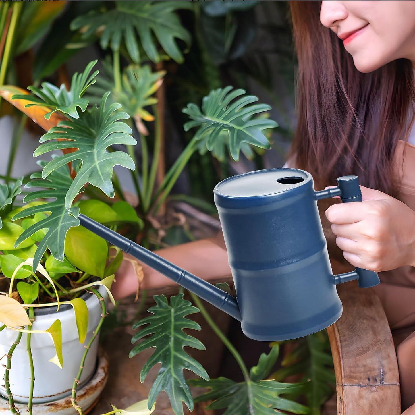 Watering Can for Outdoor Indoor Plants - Small Plastic Home Garden - with Long Spout - Blue - 64 Oz - 1/2 Gallon