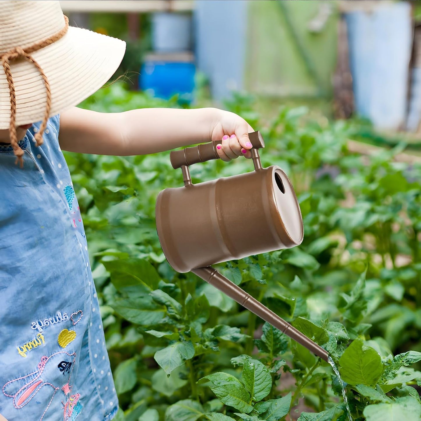 Watering Can for Outdoor Indoor Plants - Small Plastic Home Garden - with Long Spout - Blue - 64 Oz - 1/2 Gallon
