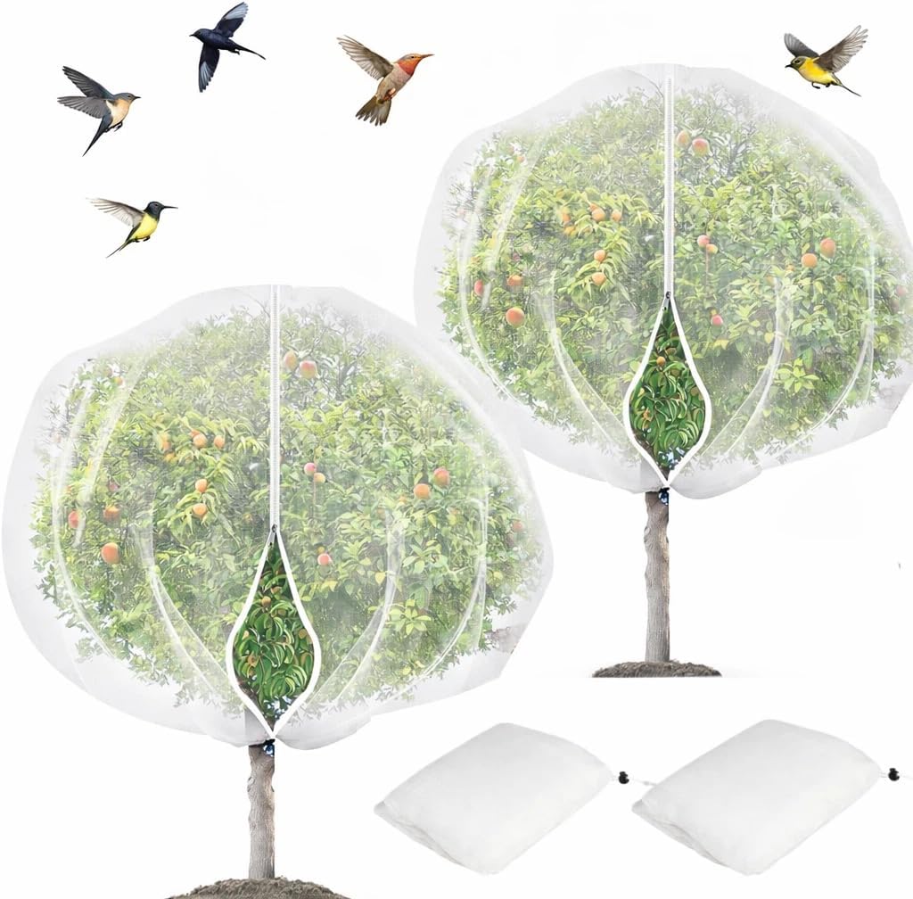 2Pcs 10X10ft Fruit Tree Netting Covers for Birds and Squirrels –Bird Nets for Fruit Trees with Zipper and Drawstring, Extra Large Durable Mesh Garden Netting to Protect Fruit Trees