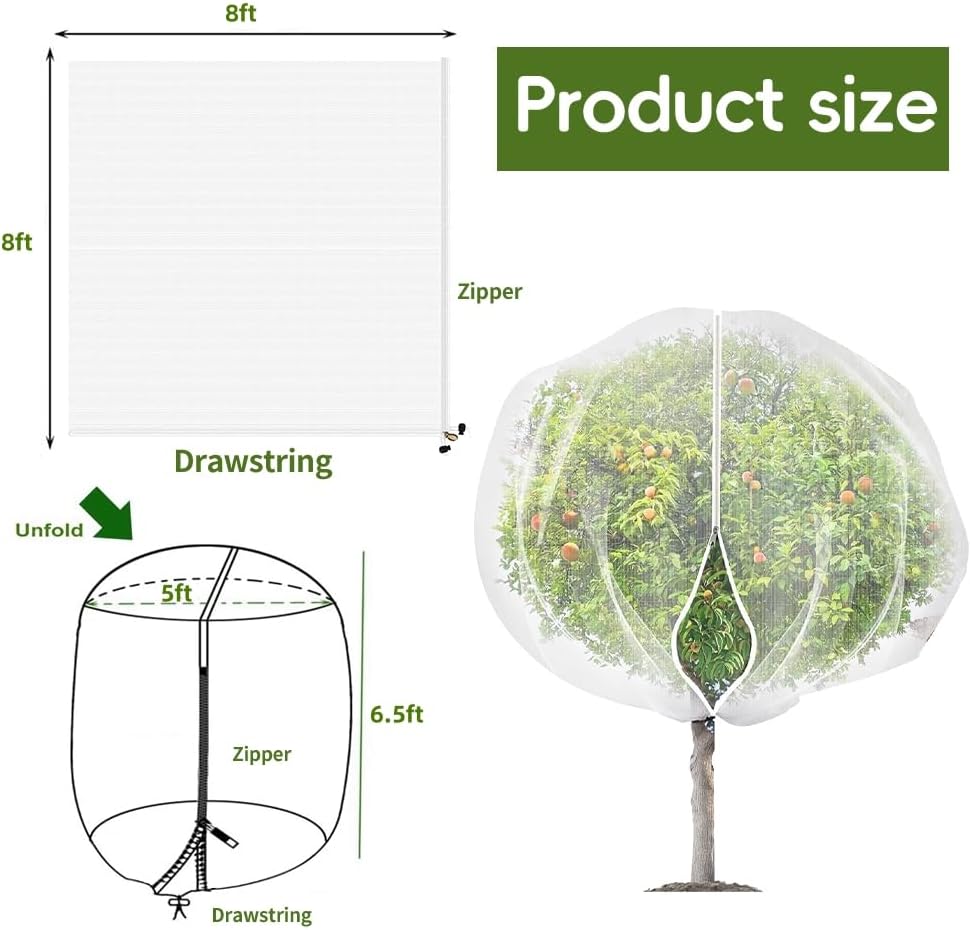 2Pcs 10X10ft Fruit Tree Netting Covers for Birds and Squirrels –Bird Nets for Fruit Trees with Zipper and Drawstring, Extra Large Durable Mesh Garden Netting to Protect Fruit Trees